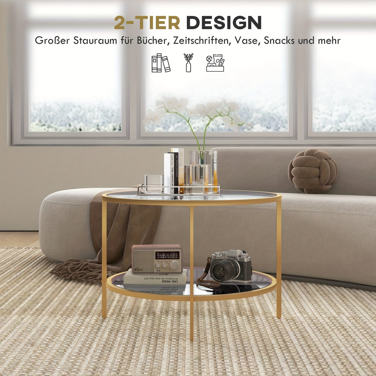Salontafel – Bijzettafel – Woonkamertafel – Koffietafel – Nachtkastje – Ronde Gouden Salontafel – Stalen Frame – 60x43 cm – Met Opbergruimte
