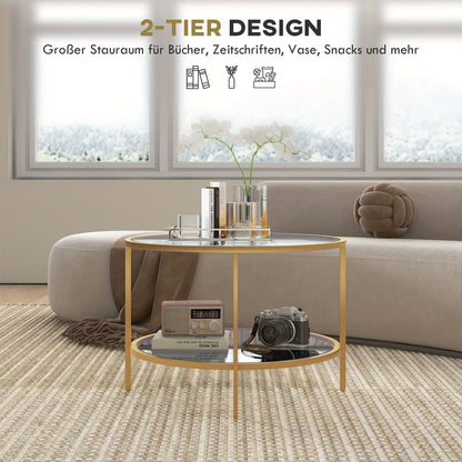 Salontafel – Bijzettafel – Woonkamertafel – Koffietafel – Nachtkastje – Ronde Gouden Salontafel – Stalen Frame – 60x43 cm – Met Opbergruimte