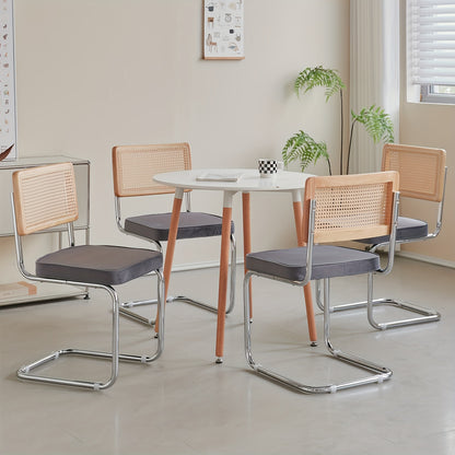 Eetkamerstoelen – Stoelen – Design Stoelen – Keukenstoelen – Set van 4 – Grijze Velvet Bekleding – Handgeweven Rieten Rugleuning – Massief Houten Frame – Comfortabele Zitting – Onderhoudsvriendelijk