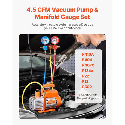 Vacuümpomp – Vacuüm Pomp – Koelvacuümpomp – HVAC Vacuümpomp – Manometer Set – Geschikt Voor Meerdere Koelmiddelen – 4,5 CFM Capaciteit