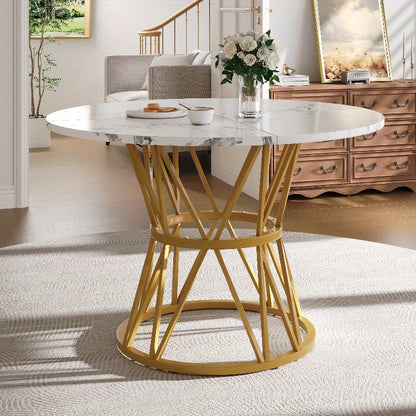 Modern Round Dining Table with Marble Look Top & Golden Metal Legs - White & Golden Marble Pattern Kitchen Table, Space-Saving 100cm Round Table for Small Spaces, Sturdy MDF-Free Metal Base, Easy-Clean Surface, Classic Contem