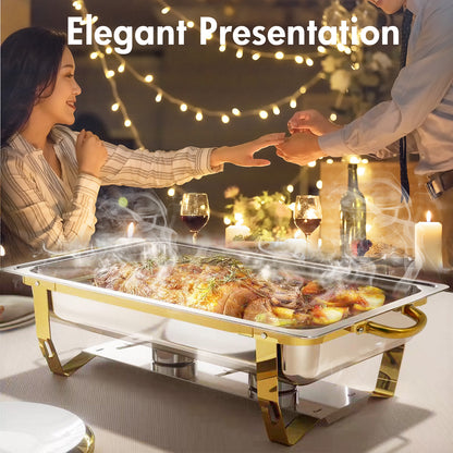 Chafing Dish – Buffetwarmer – Warmhoudplaat – Warmhoudschaal – Warmhoudbakken – RVS Goudkleurig – 4-delig – 9 Liter per Pan – Veilig Afgeronde Randen