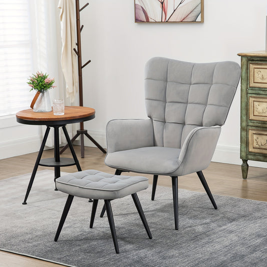 Wingbackstoel – Fauteuil – Vleugelstoel – Lounge Stoel – Relaxstoel – Ergonomisch Design – Pluche Velvet – Lichtgrijs – Stevige Rugleuning – Inclusief Voetensteun – Tot 120 kg draagkracht – Volledig Gemonteerd