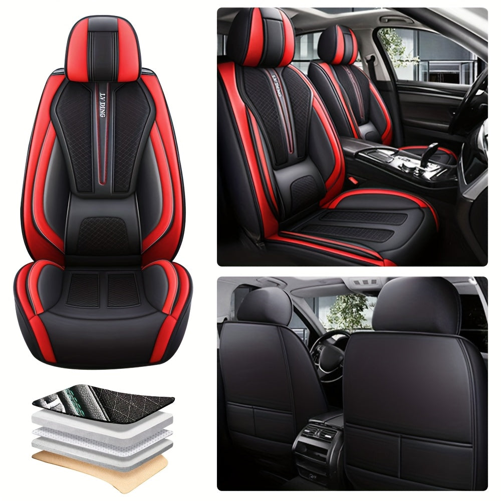 5-seater Luxury Car Seat Cover Faux Leather With 2 Headrest Waist Pillow Suitable For Most Cars SUV Truck Airbags Compatible With Waterproof Breathable