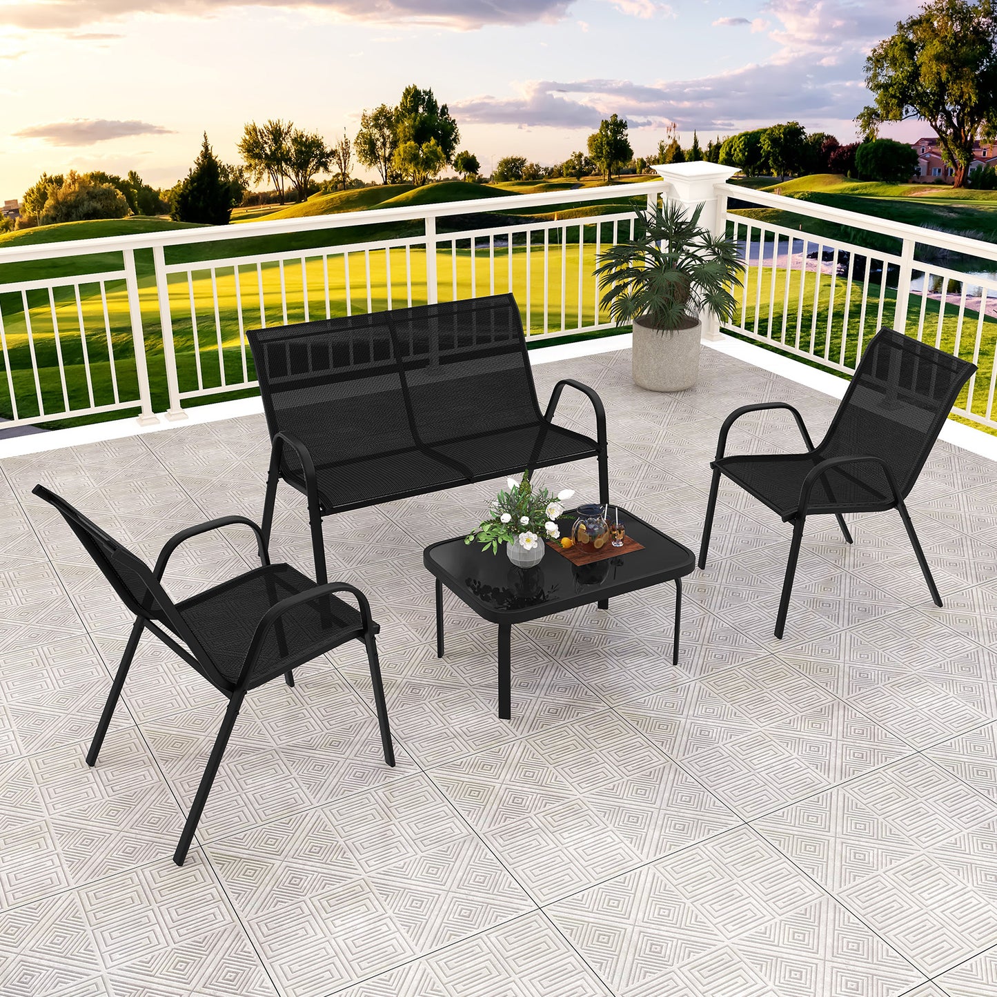 Loungeset – Tuinset – Buitenmeubel – Tuinmeubilair – Loungestoel – Comfortabele Stofbekleding – Gehard Glazen Tafelblad