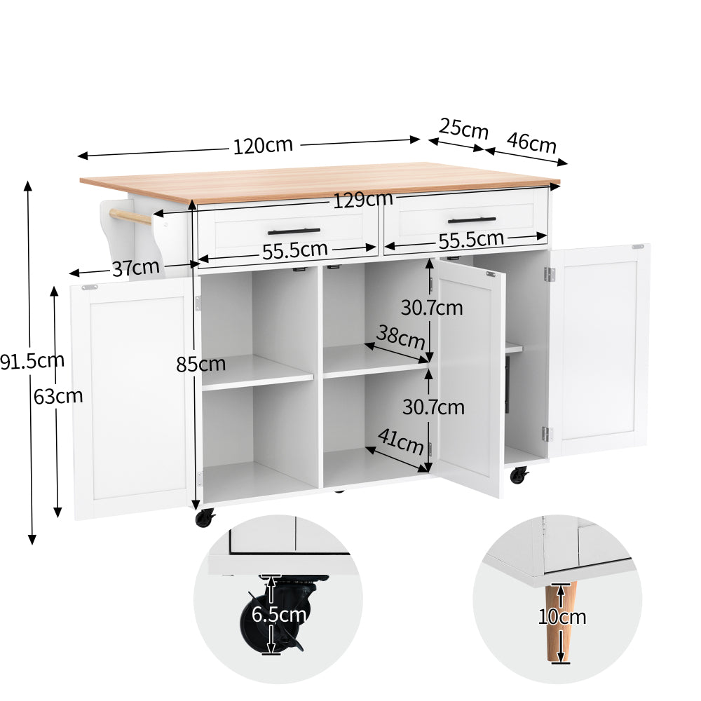 Keukeneiland – Keukentrolley – Keukenkast – Serveerwagen – Keukenwagen – Verplaatsbaar met Opvouwbaar Werkblad – Duurzaam Niet-Houten Materiaal – 129x46x91,5 cm