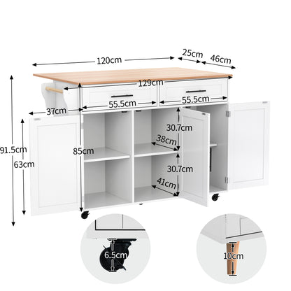 Keukeneiland – Keukentrolley – Keukenkast – Serveerwagen – Keukenwagen – Verplaatsbaar met Opvouwbaar Werkblad – Duurzaam Niet-Houten Materiaal – 129x46x91,5 cm