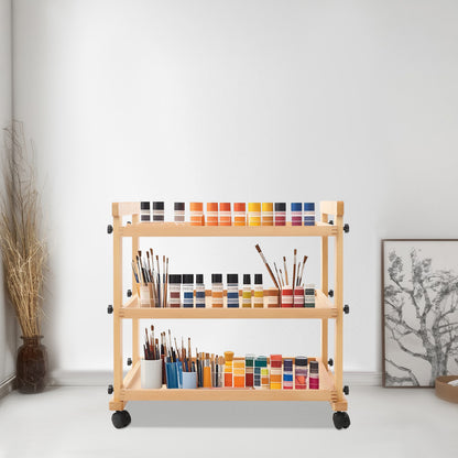 3-laags Kunstwagen – Kunstkar – Opberger – Trolley – Werkstation – Houten Planken – Metalen Frame – Mobiel met Remmen – Stevig & Ruim