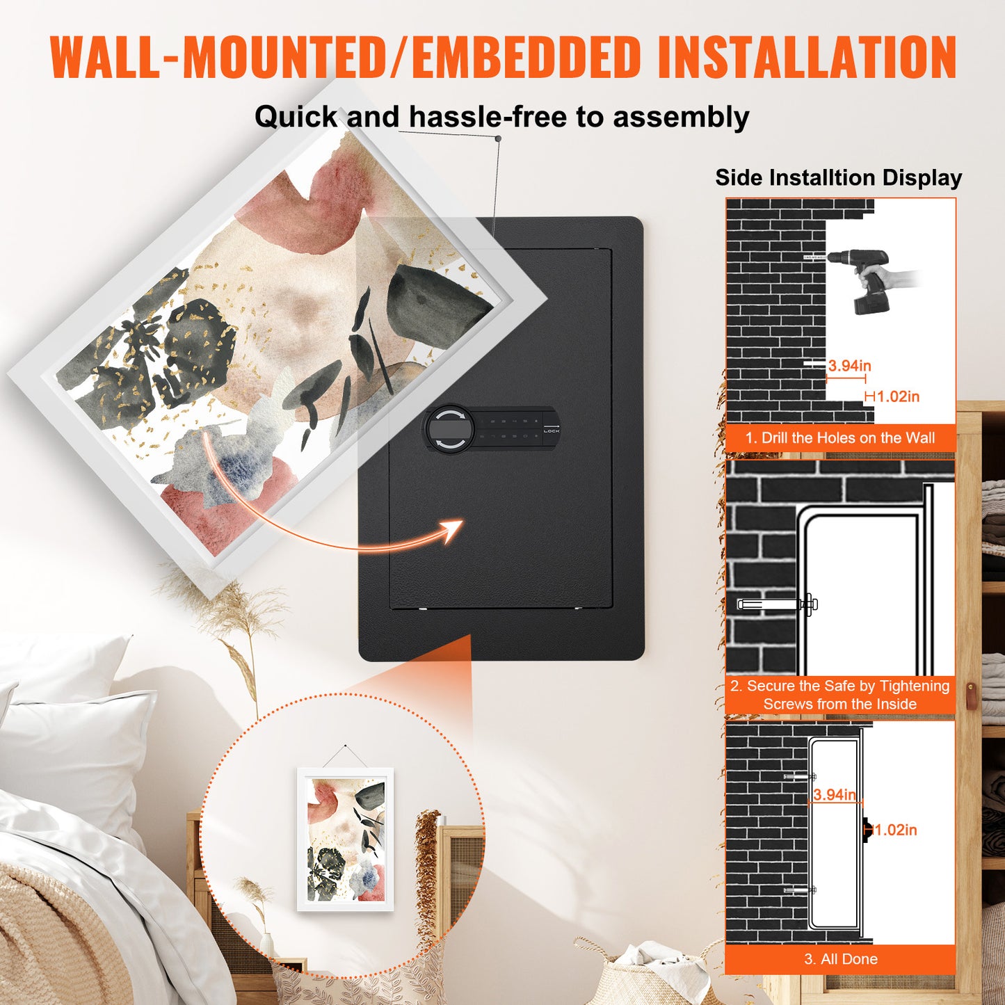 Inbouwkluis – Muurkluis – Veiligheidskluis – Documentenkluis – Geldkluis – Zwart – Dubbel Alarmsysteem – LED-Verlichting