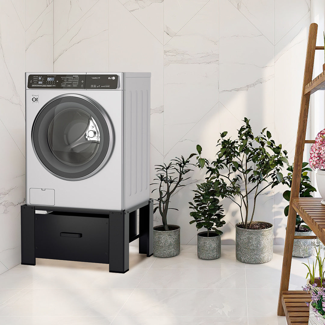 Washing Machine Stand with Storage Drawer, Steel Frame, 150 kg Load Capacity, Anti-Slip Base & Shock-Absorbing Pads