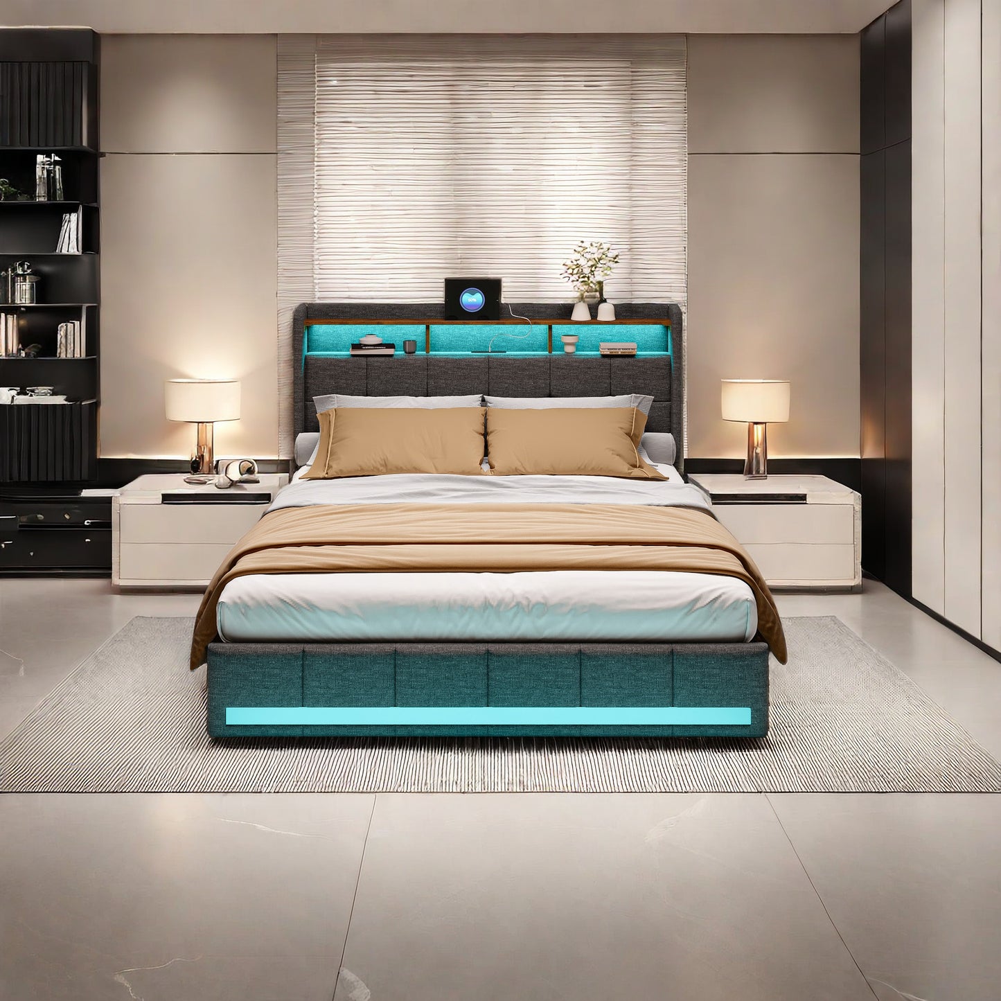 Bedframe – Tweepersoonsbed – Gestoffeerd Bed – Opbergbed – Bed met Laden – LED-verlichting – USB-oplaadfunctie – 160x200 cm – Grijze Linnen Bekleding