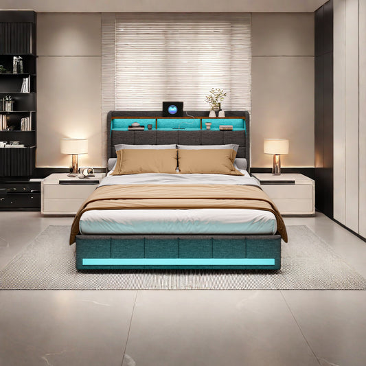 Bedframe – Tweepersoonsbed – Gestoffeerd Bed – Opbergbed – Bed met Laden – LED-verlichting – USB-oplaadfunctie – 160x200 cm – Grijze Linnen Bekleding