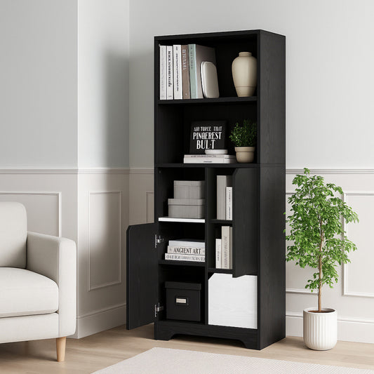 Modern Black & White Multifunctional Bookcase with Open Shelves, Doors & Drawers - Heavy-Duty Metal, No Assembly Required, Space-Saving Shelving Unit for Home Office,, Bedroom - Compact Bookshelf Organizer, Book Shelves, Sing