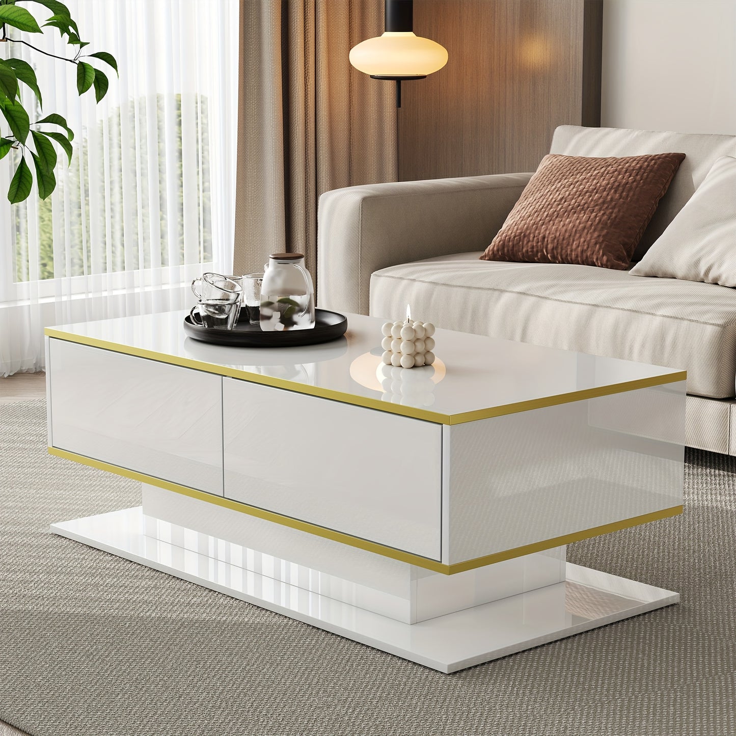 Salontafel – Woonkamertafel – Bijzettafel – Koffietafel – Tafeltje – Hoogglans Wit – Gouden Accenten – 3 Lades Met Open Vakken