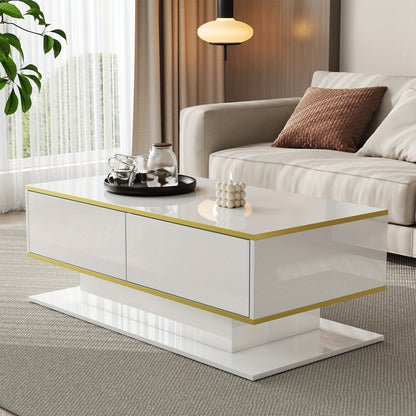 Salontafel – Woonkamertafel – Bijzettafel – Koffietafel – Tafeltje – Hoogglans Wit – Gouden Accenten – 3 Lades Met Open Vakken