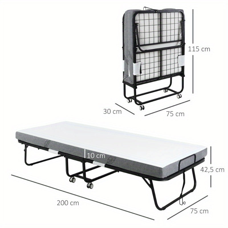 Inklapbaar Logeerbed – Opklapbed – Gastbed – Vouwbed – Logeerbed Met Wielen – Wit/Zwart – Stalen Frame – Comfortabel Schuimmatras 200x75x42,5 cm
