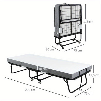 Inklapbaar Logeerbed – Opklapbed – Gastbed – Vouwbed – Logeerbed Met Wielen – Wit/Zwart – Stalen Frame – Comfortabel Schuimmatras 200x75x42,5 cm