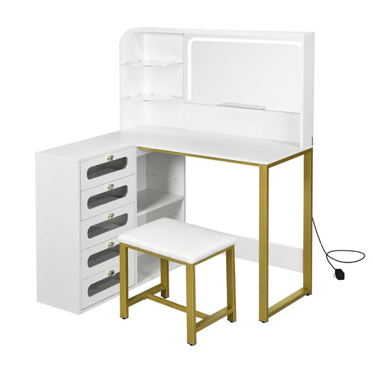 Make-up Tafel – Kaptafel – Schminktisch – Vanity – Make-up Bureau – Verstelbare LED Verlichting – Hoekmodel Met 5 Lades