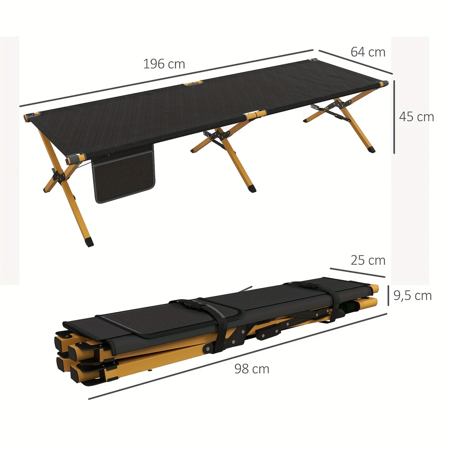 Opvouwbaar Outdoor Bed – Campingbed – Veldbed – Ligbed – Tuinbed – Aluminium Frame – Weerbestendige Oxford Stof – Zwart – 196x64x45 cm – Met Zijzakken