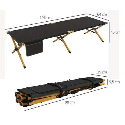 Opvouwbaar Outdoor Bed – Campingbed – Veldbed – Ligbed – Tuinbed – Aluminium Frame – Weerbestendige Oxford Stof – Zwart – 196x64x45 cm – Met Zijzakken