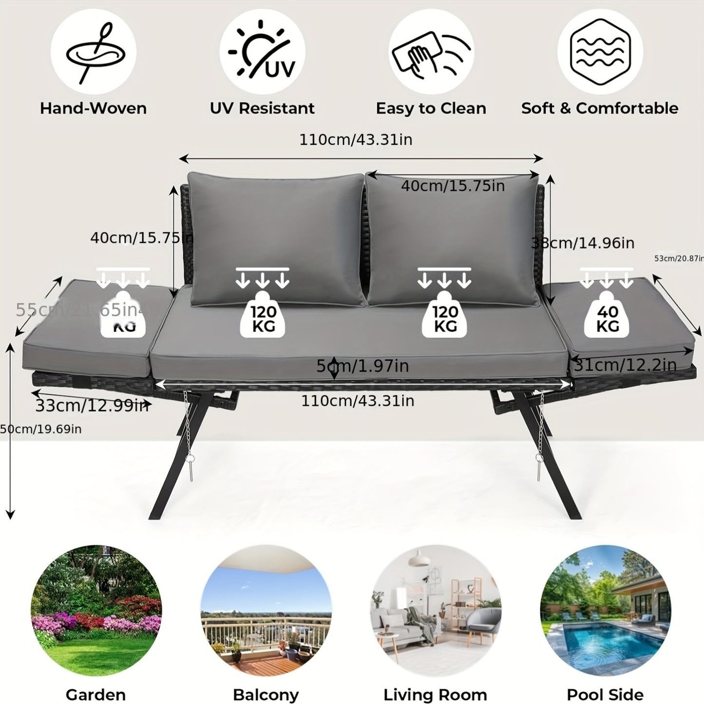 Tuinbank – Tweezitsbank – Loungesofa – Rattanbank – Balkonbank – Verstelbare Rugleuning – Weerbestendig PE Polyrattan – Grijs Rattan + Grijze Mat