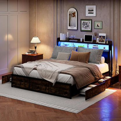 Tweepersoonsbed – Metalen Bed – Stalen Bedframe – Opberglades Bed – Logeerbed – 140x200 cm – USB-poort en LED-verlichting