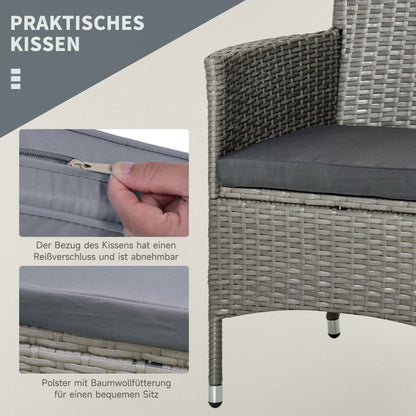 Rattan Tuinmeubelset – Bistroset – Balkonset – Tuinstoelen – Tuinmeubilair – Grijs – Poly Rattan & Stalen Frame – Glas Tafelblad met Kussens