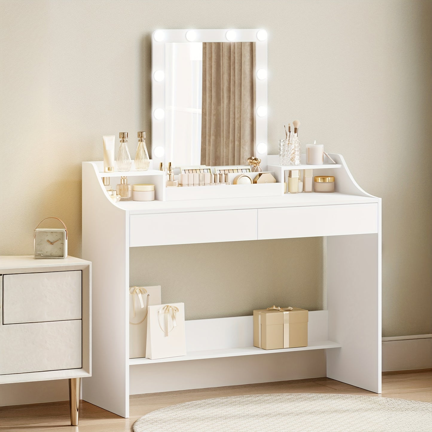 Toilettafel – Kaptafel – Make-up Tafel – Schminktisch – Meisjestafel – LED Verlichting – Verstelbare Helderheid – 108 cm – Wit – 2 Lades – 3 Open Vakken