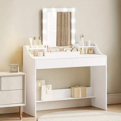 Toilettafel – Kaptafel – Make-up Tafel – Schminktisch – Meisjestafel – LED Verlichting – Verstelbare Helderheid – 108 cm – Wit – 2 Lades – 3 Open Vakken
