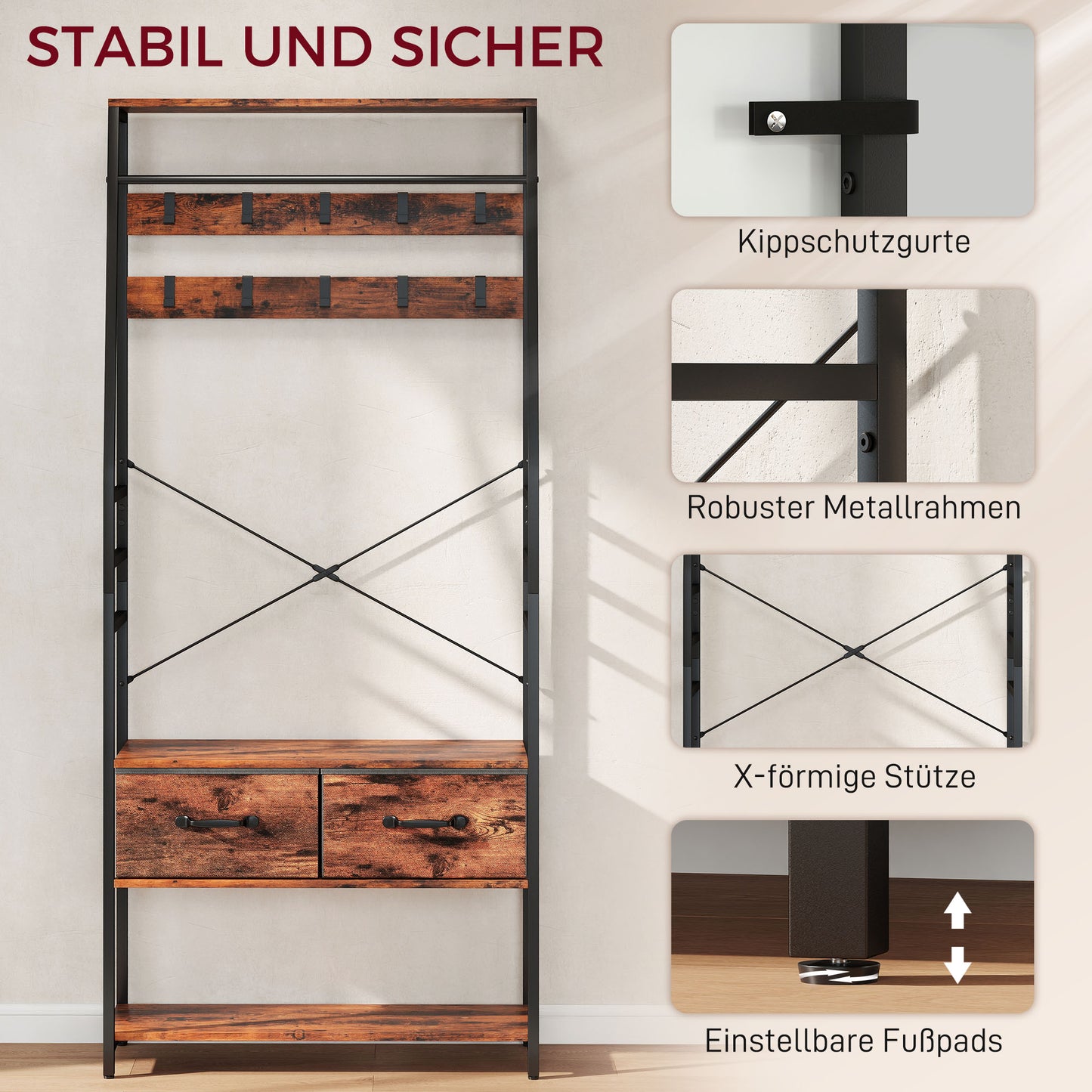 Kapstok – Kledingrek – Schoenenrek – Opbergmeubel – Halmeubel – Rustiek Bruin – 10 Metalen Haken – Comfortabel Zitbankje