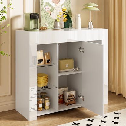 Wit Hoogglans Dressoir – Sideboard – Opbergkast – Buffetkast – Kast – Glazen Planken – Compact 95x35x83 cm – Duurzaam & Onderhoudsvriendelijk
