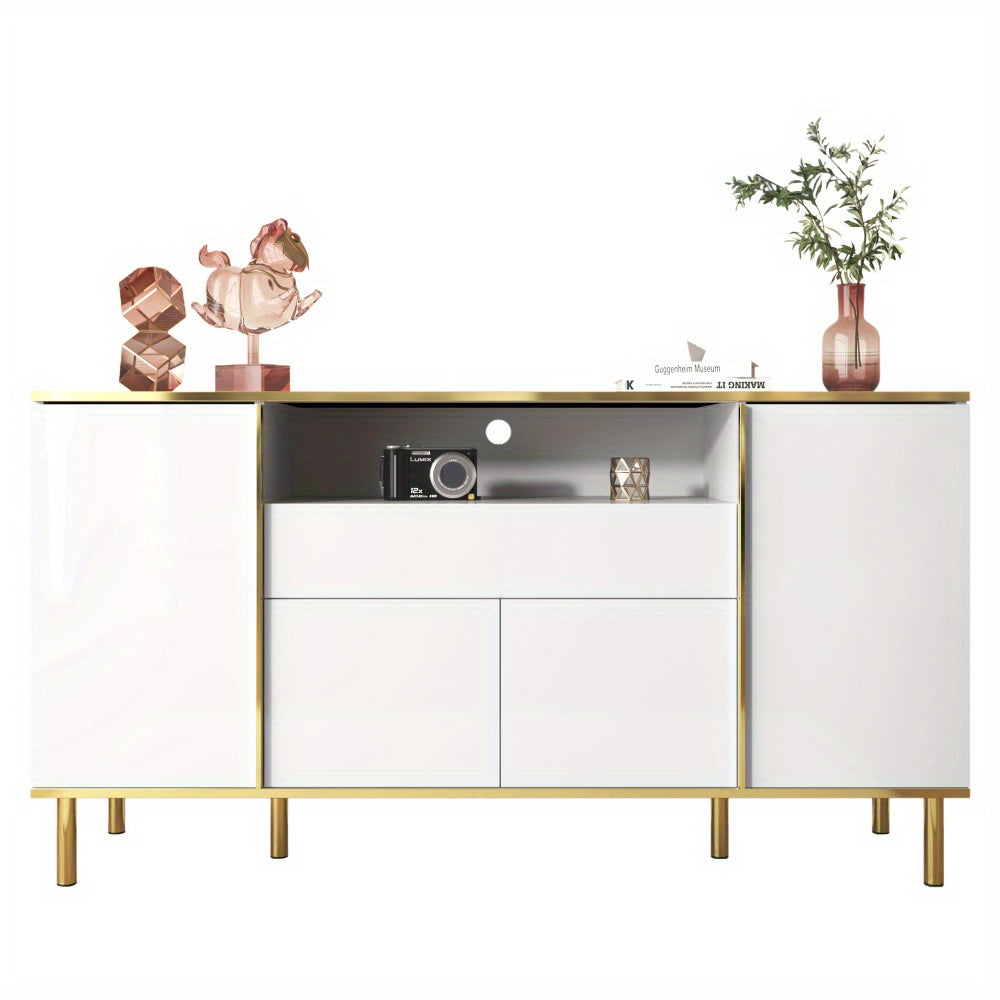 Dressoir – Sideboard – Kast – Opbergmeubel – Ladekast – Hoogglans Wit Met Gouden Accenten – 4 Deuren En 1 Lade – Ruime Opbergruimte – Compact Formaat 59x31x75 cm