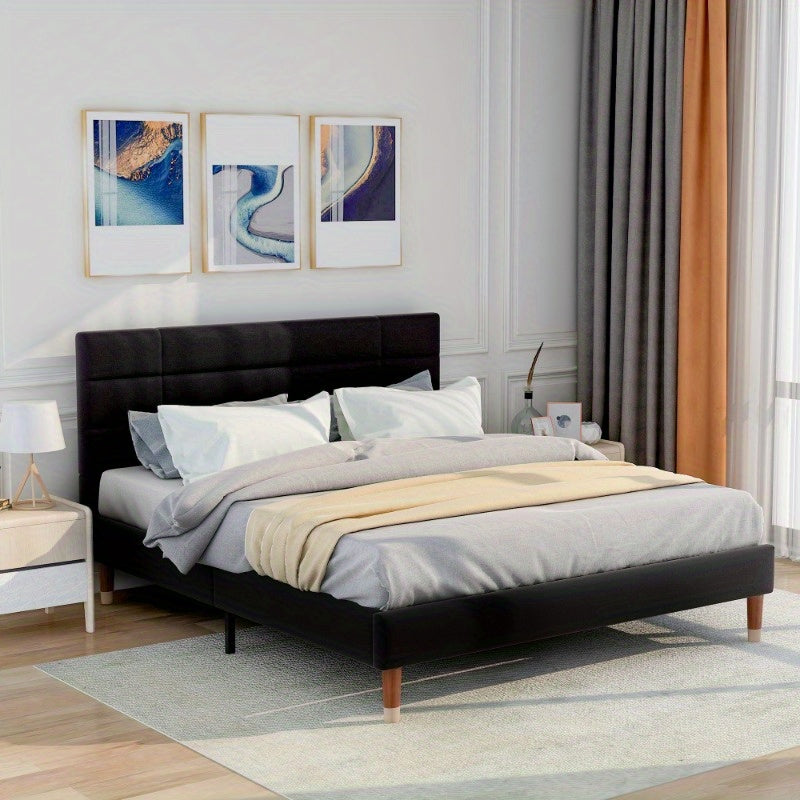 Tweepersoons Bedframe – Bedbodem – Boxspring – Bedframe Met Matras – Slaapbank – Zwart Linnen Gestoffeerd – 140x200 Cm – Inclusief Slatted Basis Met Donzen Kern Matras