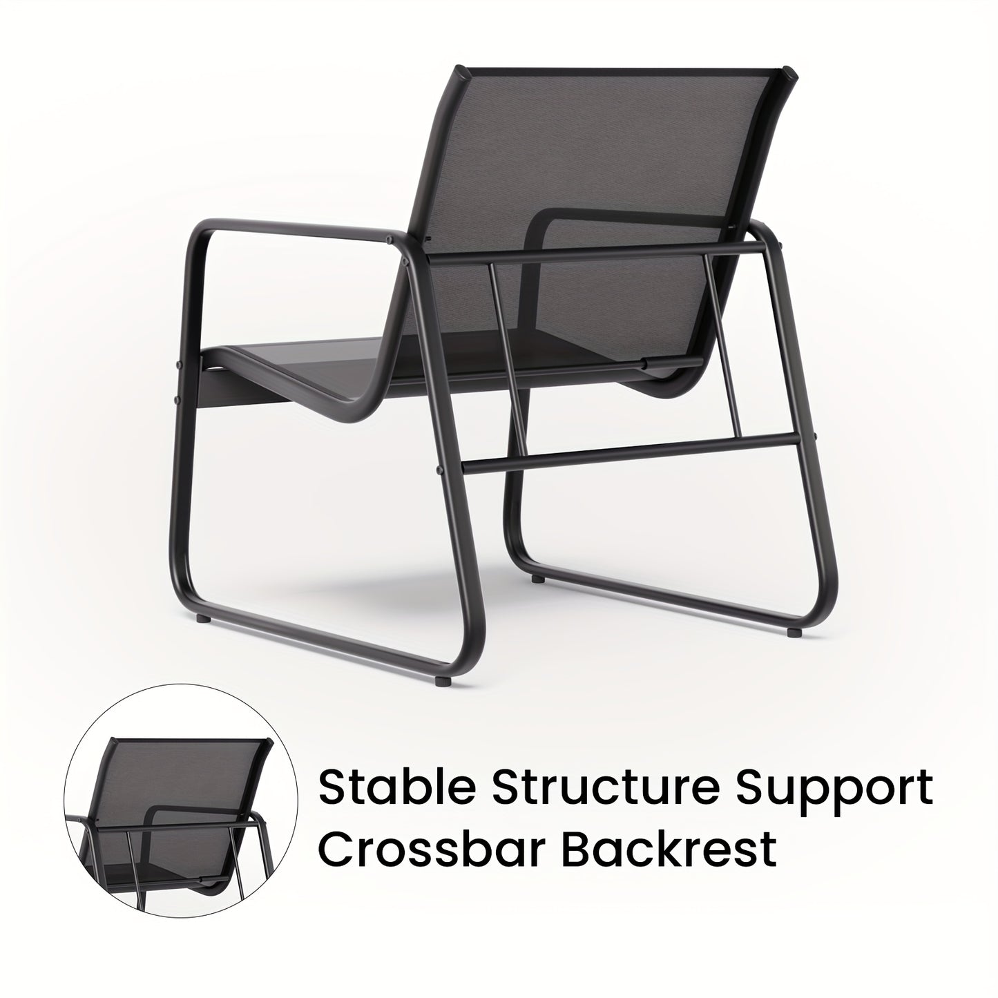 3-Delige Tuinset – Bistroset – Balkonset – Tuinmeubelset – Terrasset – Metalen Frame – Glas Tafelblad – Comfortabele Gebogen Rugleuning – Ademend Teslin Bekleding – Zwart