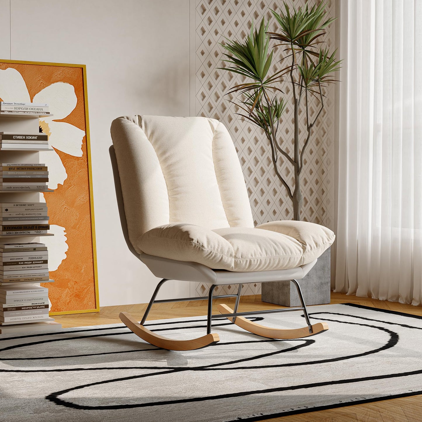 Schommelstoel – Schommelstoel Met Kussen – Relaxstoel – Schommelstoel Voor Binnen – Balkonstoel – Verstelbare Rugleuning – Zacht Comfortabel Kussen – Beige Grijs