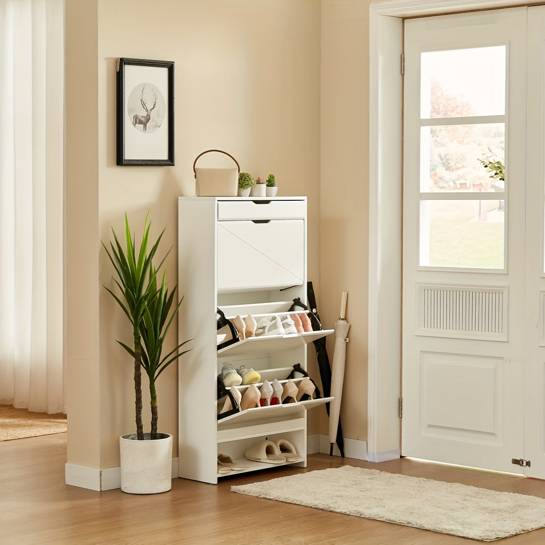 Schoenenkast – Schoenenrek – Schoenopberger – Schoenmeubel – Schoenentoren – Modern Design – 3 Draaibare Lade & 1 Vaste Plank – Wit – Ruimtebesparend