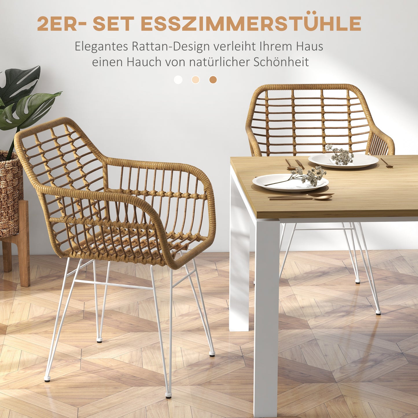 Eetkamerstoel – Keukenstoel – Stoel – Kuipstoel – Rattan Look – Set van 2 – Met Rugleuning – Metaal Frame – Lichtbruin/Wit – 56x60x79 cm