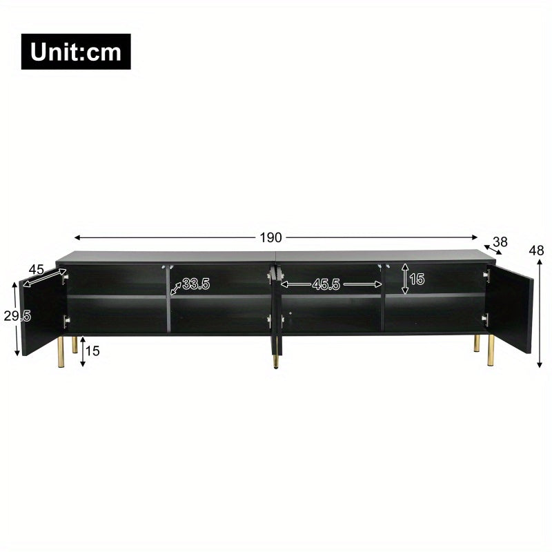TV-meubel – TV-kast – TV-dressoir – Mediameubel – Tv-meubel met opbergruimte – 190 cm breed – Gouden poten en Soft-Close deuren - Zwart