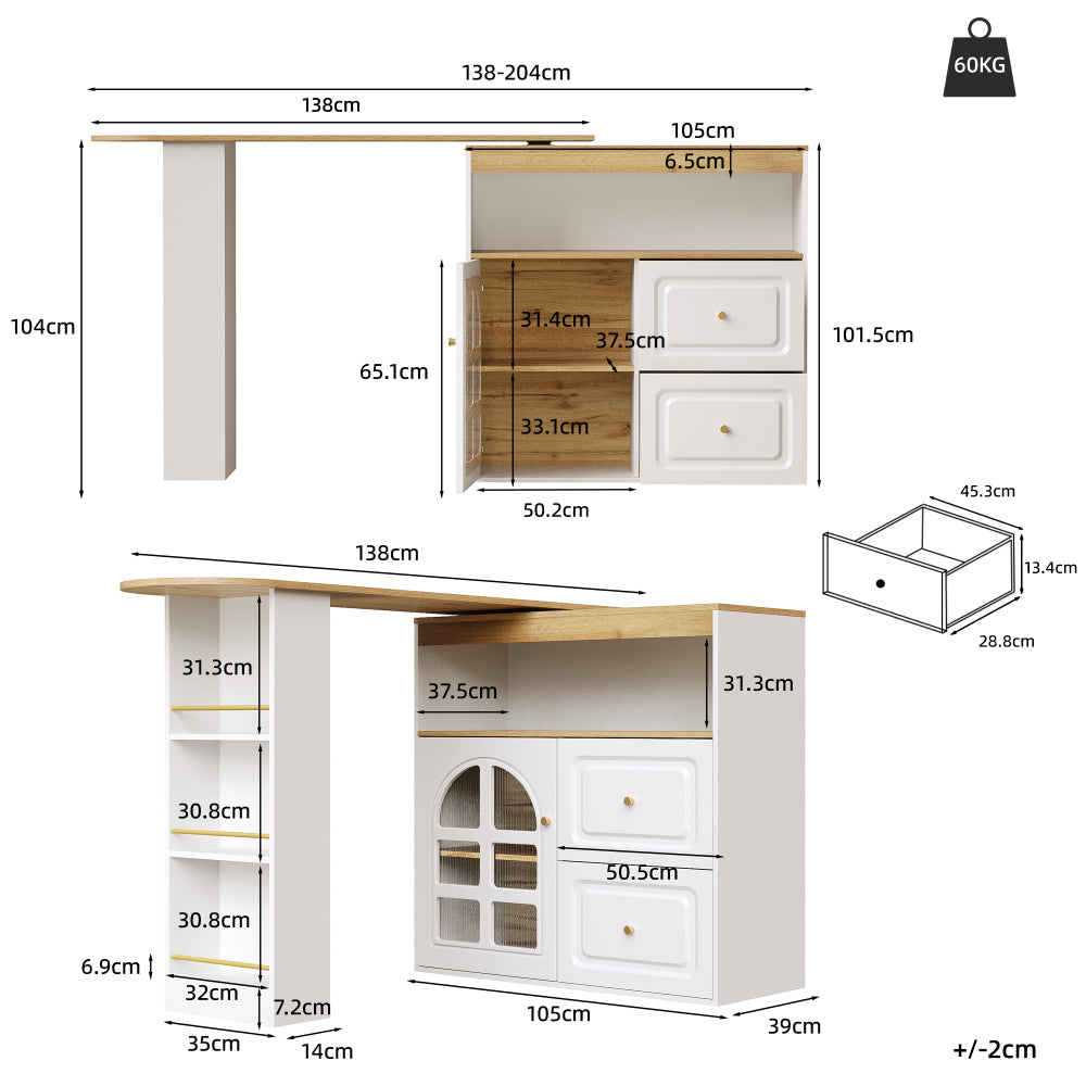 Dressoir – Buffetkast – Opbergkast – TV-meubel – Ladekast – 360° Draaibaar – 2 Ruime Lades – Modern Minimalistisch Design