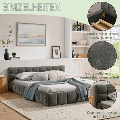 Bedframe – Tweepersoonsbed – Ledikant – Slaapbank – Platformbed – Donkergrijs Chenille – 160x200 cm – Stevig Eucalyptus Hout & IJzeren Frame