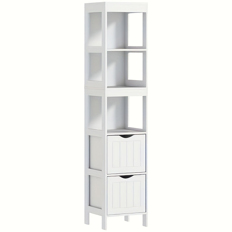 Badkamerkast – Badkamermeubel – Opbergkast – Kolomkast – Wastafelonderkast – Vrijstaand – Bamboe – 2 Lades & 3 Open Vakken – Compact Design – Natuurlijk Wit