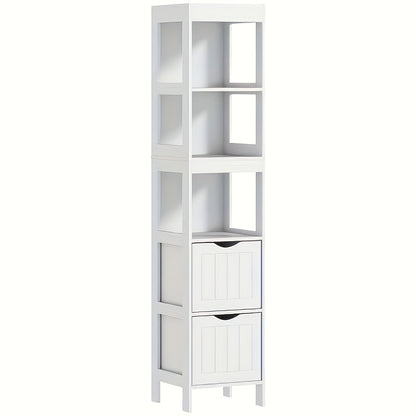 Badkamerkast – Badkamermeubel – Opbergkast – Kolomkast – Wastafelonderkast – Vrijstaand – Bamboe – 2 Lades & 3 Open Vakken – Compact Design – Natuurlijk Wit