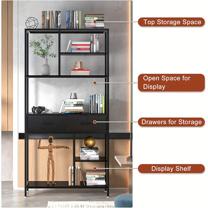 Boekenplank – Boekenrek – Wandplank – Boekenkast – Wandrek – Industrieel Metalen Frame – 5 Laags Met Laden – Staand – Zwart