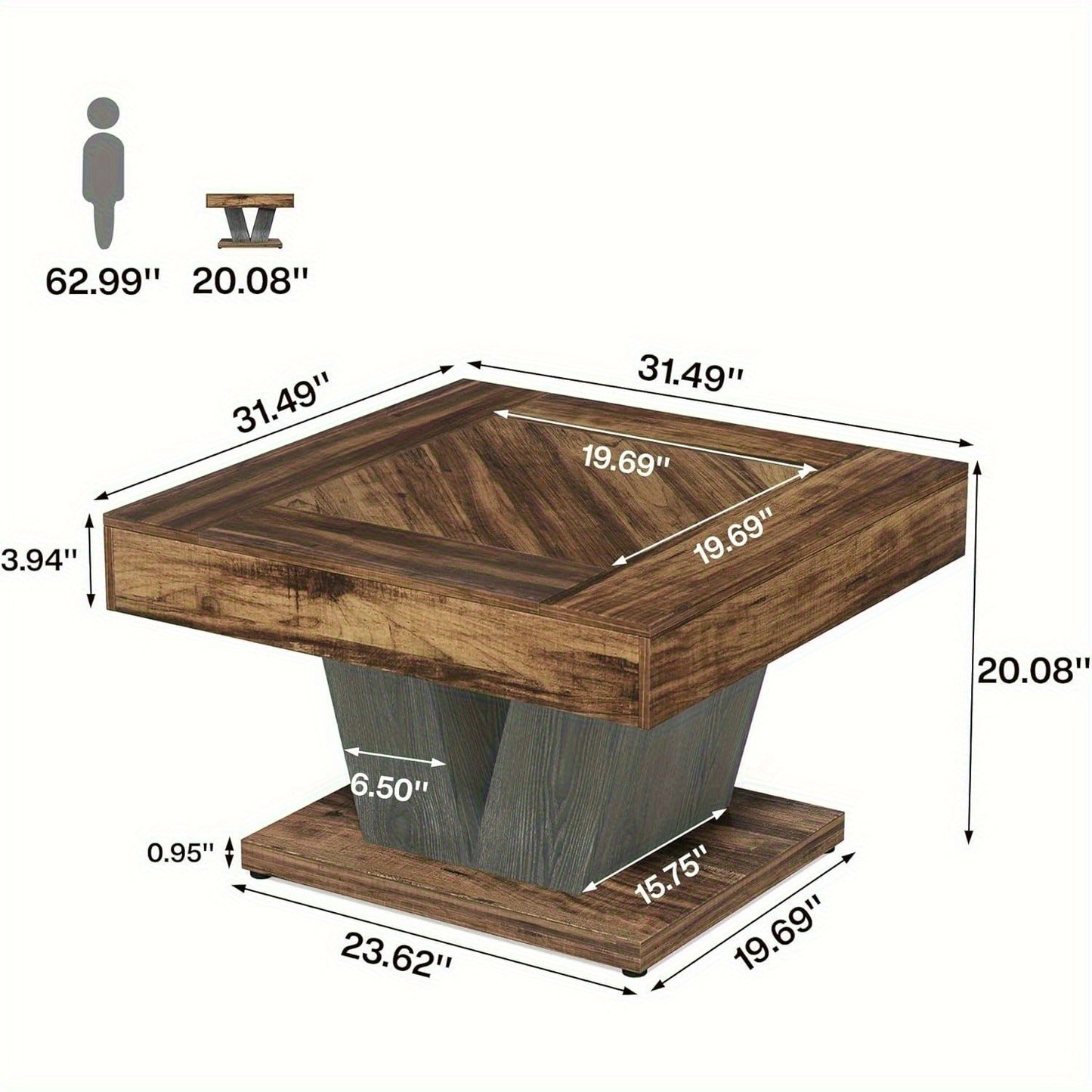 Moderne Salontafel – Vierkante Tafel – Woonkamertafel – Koffietafel – Accenttafel – Rustiek Bruin Zwart – Stevig MDF Tafelblad – Space-Saving Ontwerp 80 cm