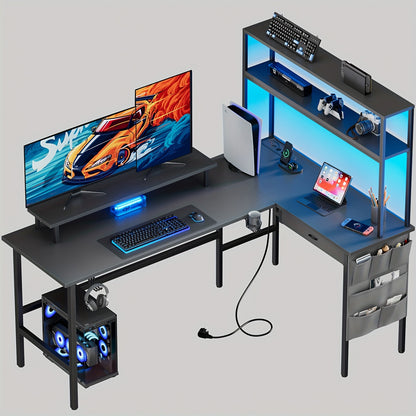 Ergonomisch Hoekbureau – Computerbureau – Gaming Tafel – L-vormig Bureau – Bureau Hoekopstelling – Geïntegreerde LED-verlichting – Verstelbare Monitorstandaard 170x100 cm Grijs