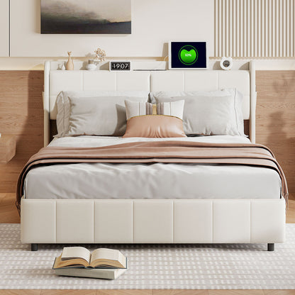 Bed 140x200 cm – Tweepersoonsbed – Opbergbed – Boxspringbed – Slaapbed – Beige Velvet Bekleding – 4 Opbergladen – Stevig MDF Frame – Gewichtscapaciteit 300 kg