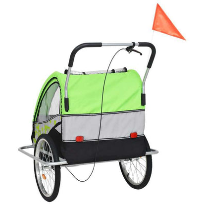 Fietsaanhanger – Fietskar – Kinderwagen – Stroller – Buggy – 2-in-1 Systeem – Eenvoudig Om Te Schakelen – Groen-Grijs