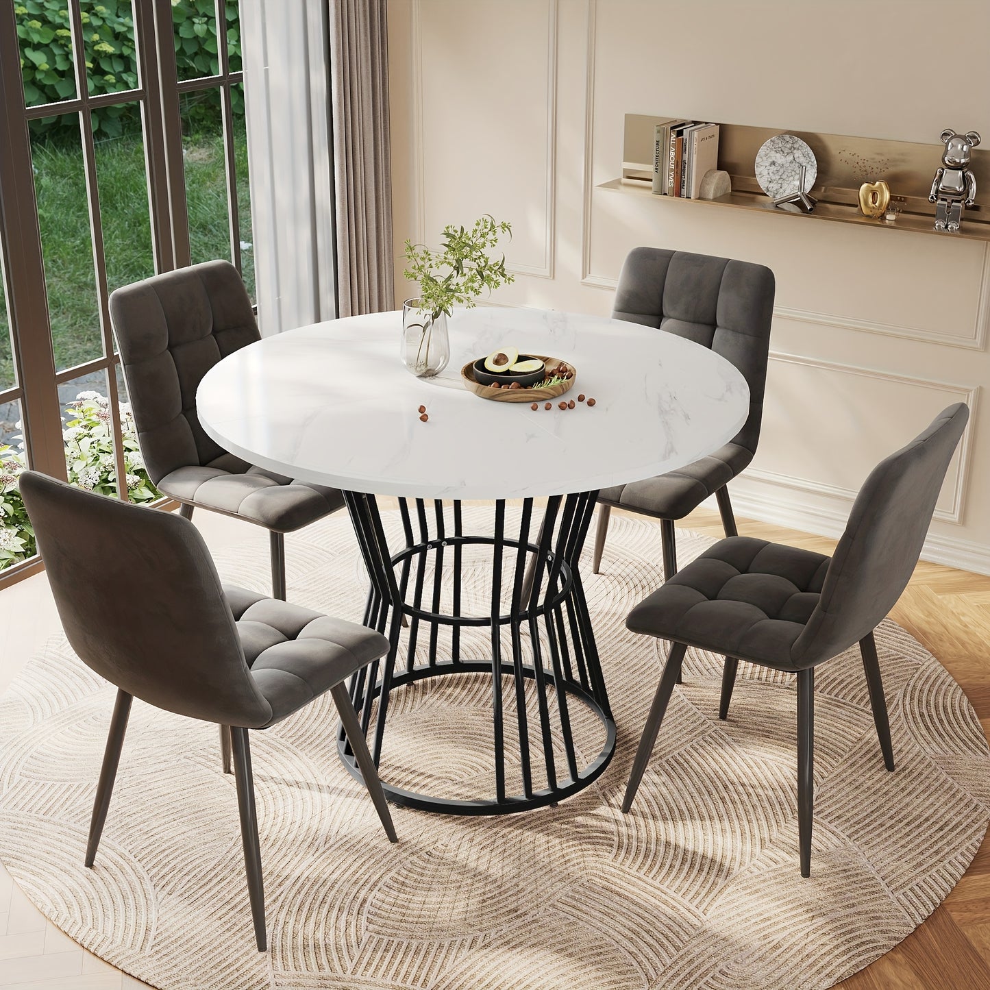 1pc Modern Marble Dining Table with Sturdy Metal Frame - Black Contemporary Design, Easy Assembly, No Power Needed, Perfect for Kitchen & Dining Room, Breakfast Table, Dining Table, Sleek Table Design, Elegant Table Style, Du