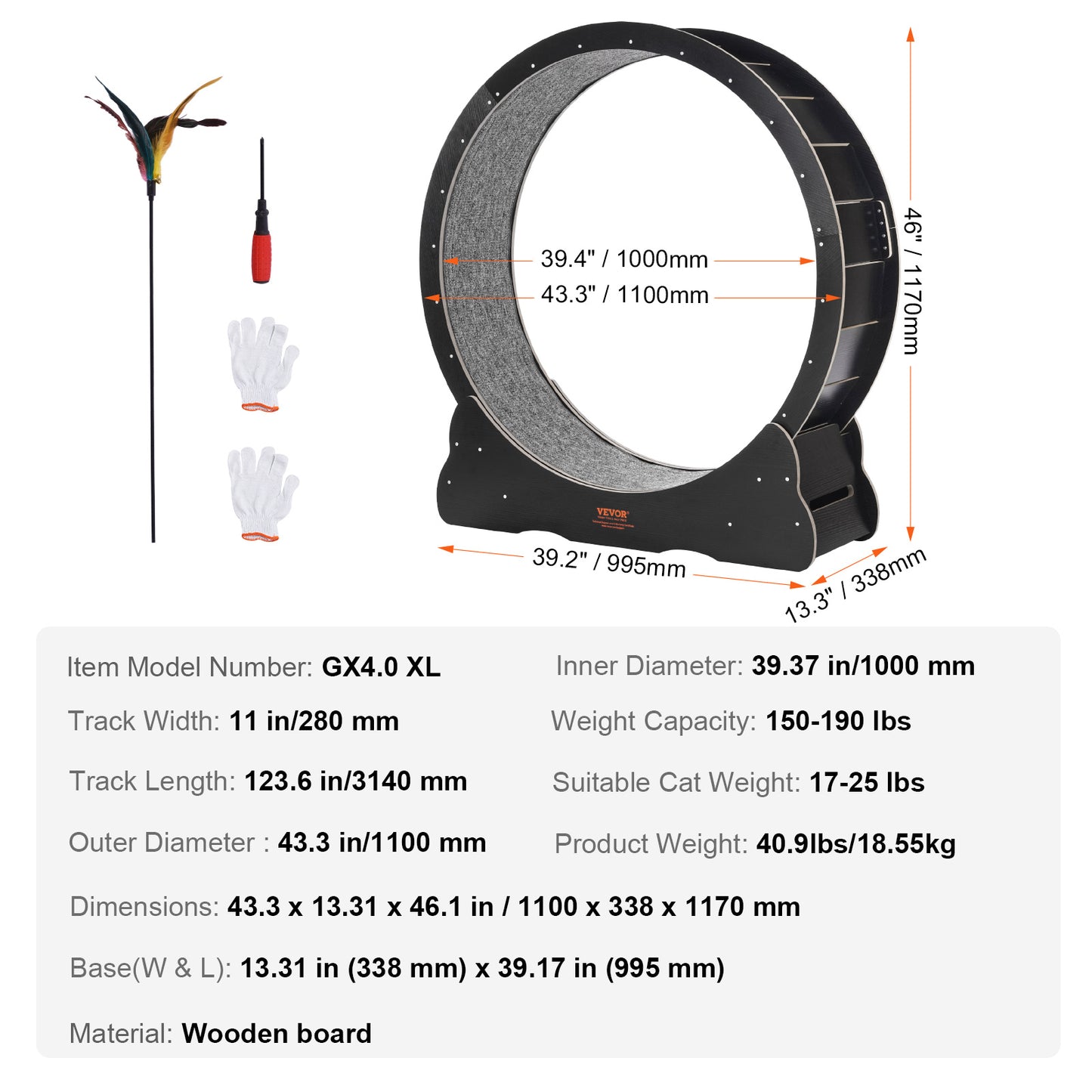Kattenrenwiel – Kattenlooprad – Kattenfitnesswiel – Kattenrennen – Kattenrad – Groot 110 cm – Stil Geluiddempend – Veilig Houten Frame