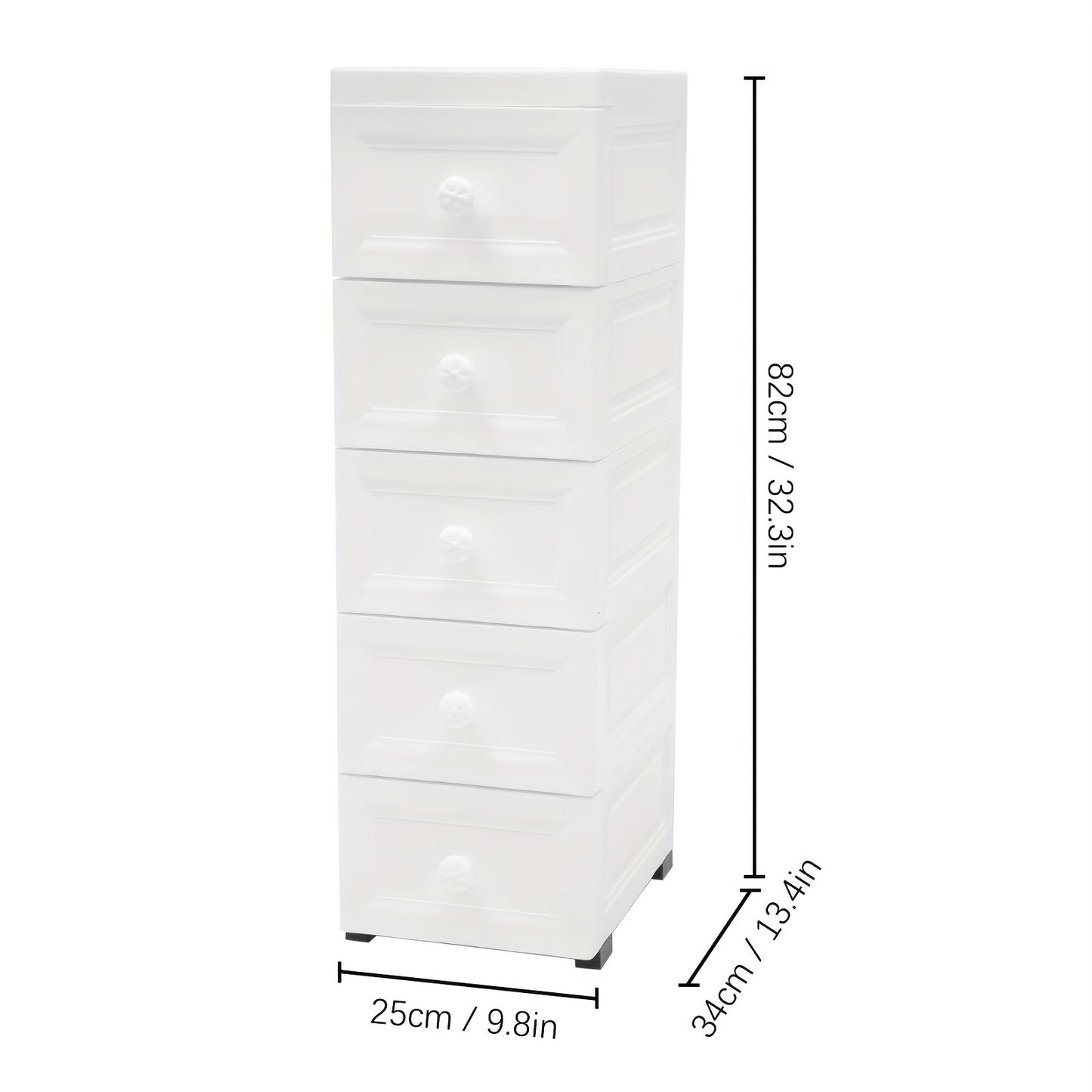 Ladenkast – Ladekast – Kommode – Opbergkast – Dressoir – Modern – 5 Lades – Wieltjes – Wit – Kunststof – Compact 25x34x82 cm